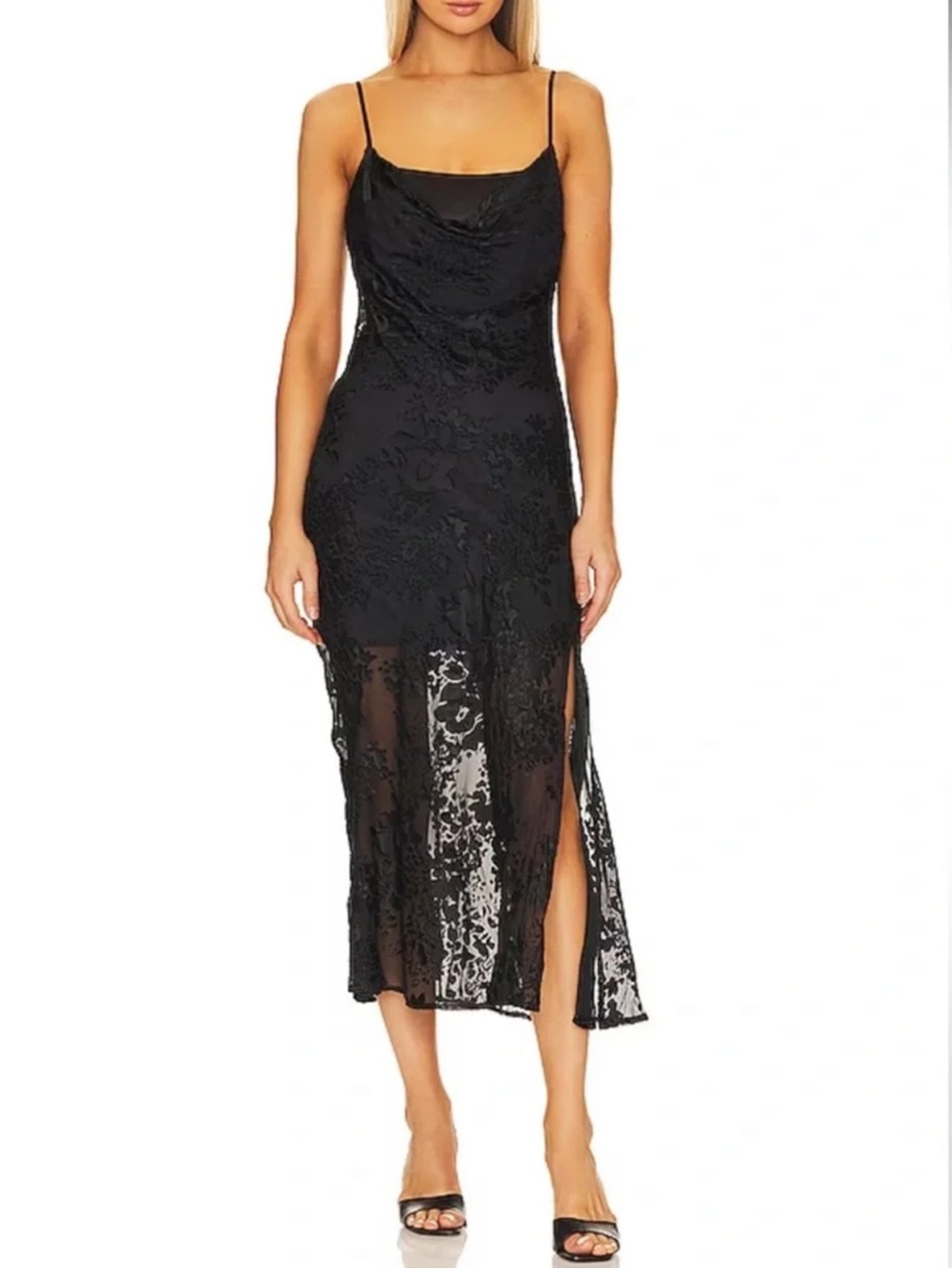 ASTR the Label Aubrielle Black Lace Slip Midi Dress with Side Slit, L
